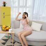 [妖精社]T2104_嫩模可可钟点工主题粉色服饰配超薄连体肉丝无内秀翘臀诱惑写真40P